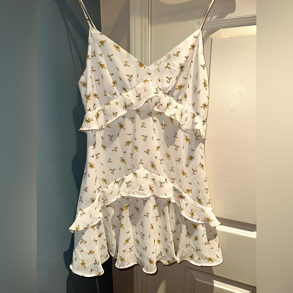 White floral spaghetti strap mini dress with ruffles